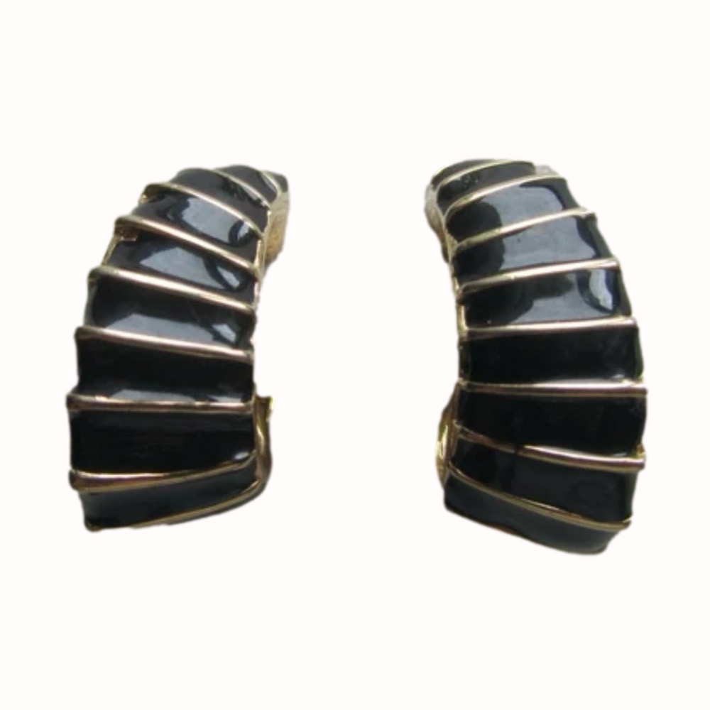 Vintage Vendome Black Enamel Gold Ribbed Half Hoop Clip On Earrings